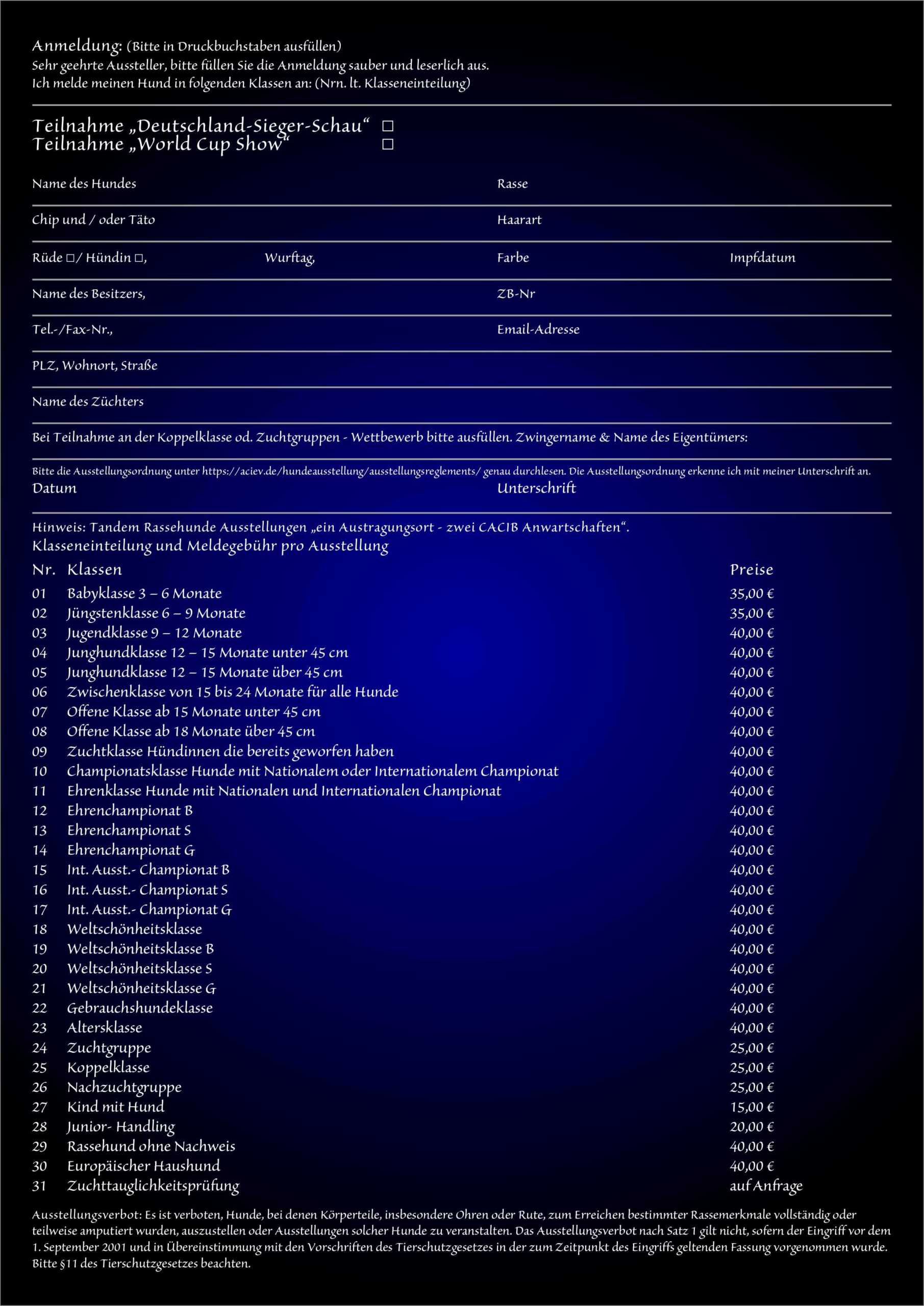 Online Anmeldeformular Europa Sieger Schau und Interkontinental Sieger Schau