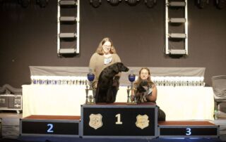 Best in Show Bundes Sieger Schau Kleinrassen Zwergspitz Royal Charles in Omnia Paratus mit Jana Wendler aus Zaisenhausen. Best in Show Bundes Sieger Schau Großrassen Flat Coated Retriever Ida vom Storchennest mit Elisa Wöllner aus Am Ettersberg.