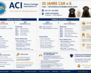 Flyer der ACI Rassehundeausstellungen am 4. und 5. Juli 2026 in Waldbronn mit Tagesablauf, Richterringen, Wettbewerben und Teilnehmerinformationen.