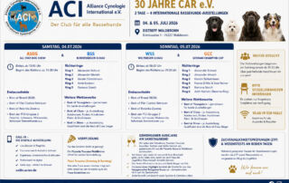 Flyer der ACI Rassehundeausstellungen am 4. und 5. Juli 2026 in Waldbronn mit Tagesablauf, Richterringen, Wettbewerben und Teilnehmerinformationen.