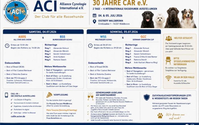 Flyer der ACI Rassehundeausstellungen am 4. und 5. Juli 2026 in Waldbronn mit Tagesablauf, Richterringen, Wettbewerben und Teilnehmerinformationen.