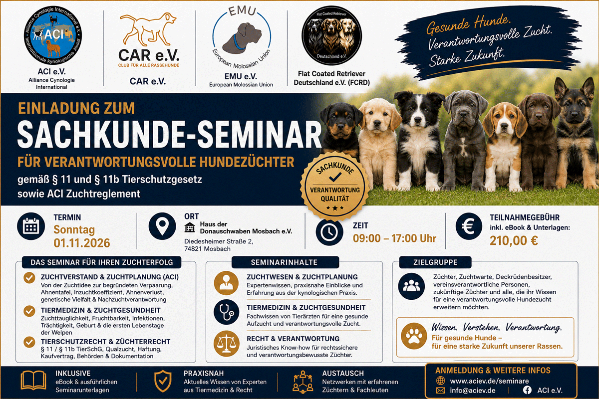 ACI Sachkunde-Seminar für verantwortungsvolle Hundezüchter nach § 11 und § 11b Tierschutzgesetz am 1. November 2026 in Mosbach