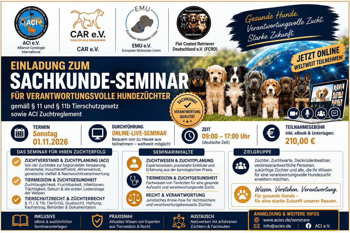 Flyer zum ACI Online-Sachkunde-Seminar für Hundezüchter am 01.11.2026 mit Welpen, Vereinslogos, Seminarinhalten und Anmeldedaten.